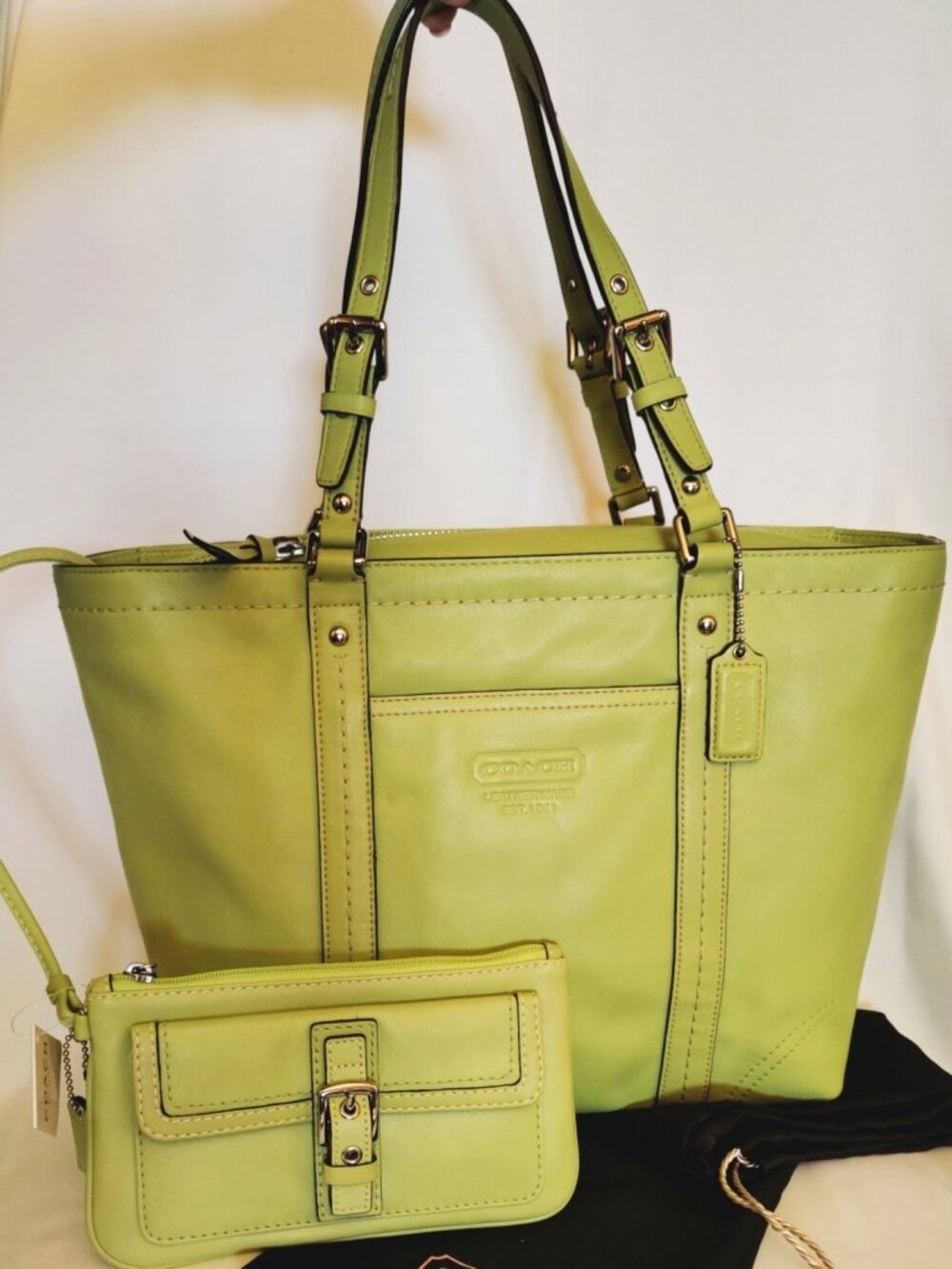 Coach Hamptons Leather Gallery Tote & Lg Wristlet Bundle in Pear Green, EUC/NWT